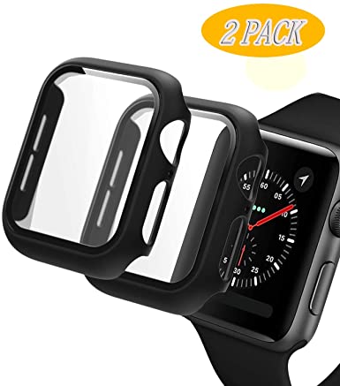Ktcpt Hard Case Compatible with Apple Watch Series 4/5 Screen Protector 44mm,(2 Pack) Hard PC Case Slim Tempered Glass Screen Protector Overall Protective Cover for Apple Watch (Black)