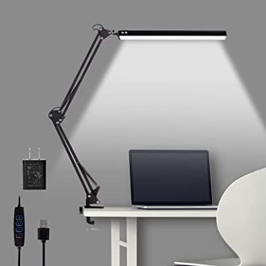 Zikebtuy LED Desk Lamp with Clamp, Adjustable Metal Swing Arm Desk Light, 3 Color Modes 10 Brightness Levels, Eye-Caring Memory Function Desk Light with UL Adapter for Home Office, Black