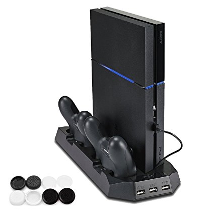 PECHAM PS4 Vertical Stand with Cooling Fan - Controller Charging Station with FREE Dual Charger Dock Ports Multifunctional PlayStation 4 Console Cooler   8 silicon thumb grips