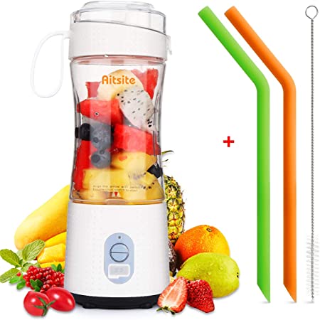 Aitsite Portable Blender, Personal Mixer Fruit Rechargeable USB with 2 Straws, Mini Blender for Smoothie, Fruit Juice, Milk Shakes 380ml, Six 3D Blades for Great Mixing (White)
