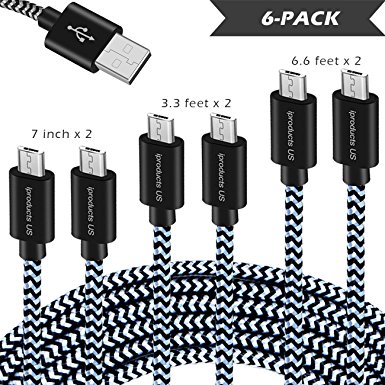 Nylon Braided Micro USB Cable, iProductsUS Android Charger Cable, 6Packs [2x7in / 2x3ft / 2x6ft] 2.1 A High Speed Durable Charging Cable for Samsung Galaxy/LG/Nexus/Nokia/HTC/MP3/Tablet/Kindle/PS4