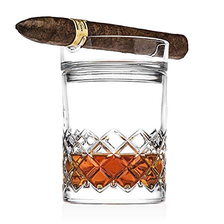 Godinger Cigar Whiskey Glass Set - Old Fashioned Whiskey Glass and Cigar Holder Bar Set
