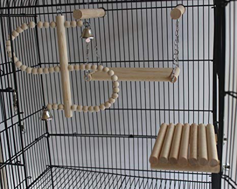 QBLEEV Natural Wood Bird Toys SetPlaced in The Bird Cage by, Playground for Small and Medium Parrots Parakeet Conure Cockatiel Budgies Hamster Cage,Pack of 4