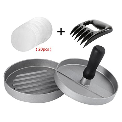Moolecole Stuffed Burger Press and Bear Claws Aluminum Hamburger Patty Maker With 20PCS Burger Papers for BBQ Grill