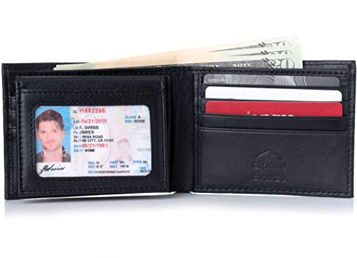 Alpine Swiss Mens Leather Bifold Wallet Removable Flip Up ID Window