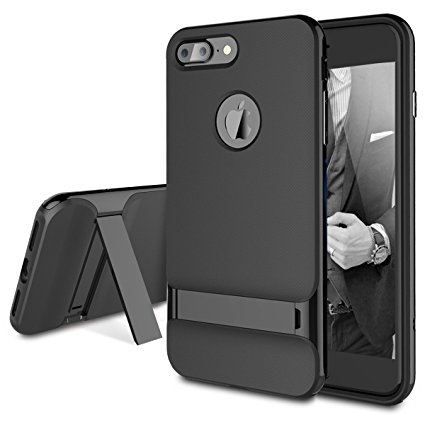 iPhone 7 Plus Case, ROCK [Royce Stand] - Jet Black [Ultra Thin][Kickstand][Metal Texture Side Buttons][Dual Layered][Slim Fit][Hard PC   Soft TPU] For Apple iPhone 7 Plus (2016)