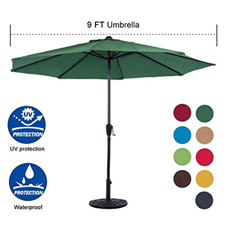 Sundale Outdoor 9 Feet Aluminum Market Umbrella Table Umbrella with Crank and Auto Tilt for Patio, Garden, Deck, Backyard, Pool, 8 Alu. Ribs, 100% Polyester Canopy (Dark Green)