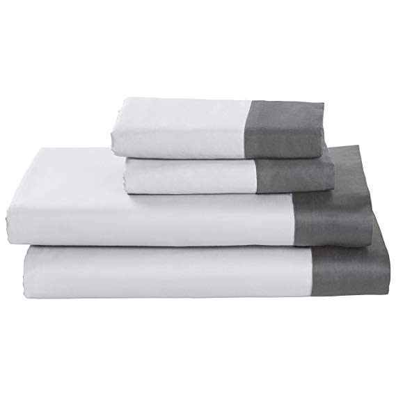 Rivet Color Block 100% Supima Cotton Bed Sheet Set, King, White / Pewter