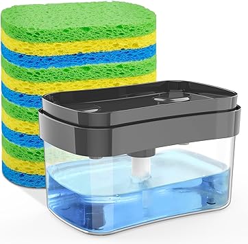 HOMEXCEL Dish Soap Dispenser for Kitchen Sink,Sponge Holder with 12 Pack Compressed Cellulose Sponges,Dish Washing Soap Dispenser,Premium 2-in-1 Kitchen Gadgets,Sink Countertop Organizer,25 Ounces