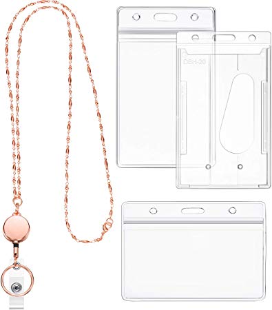 Retractable Badge Reel Lanyard with ID Holder for Women, Fashion Cruise Lanyard Stainless Steel Necklace with 3 Pieces Name Badge Holder Clip (Rose Gold)