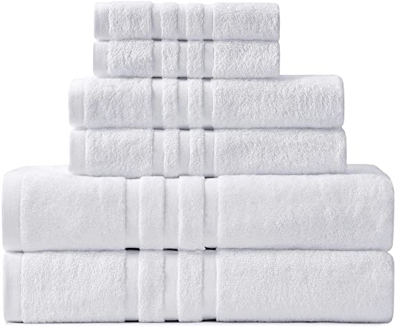 6 Piece Luxury Bath Towel Set, 2 Oversized 750 GSM Bath Bowels 2 Hand Towels 2 Washcloths , 100% Cotton Quick Dry Ultra Soft and Absorbent Towels for Bathroom, Hotel Quality Shower Towels (White, 6)