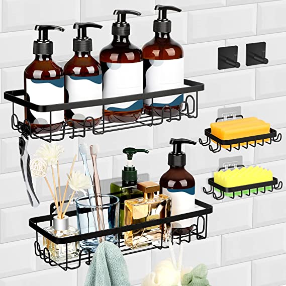 2 Pack Adhesive Shower Caddy, Shower Organizer Shelf with 2 Soap Holders & Towel Hooks, No Drilling Wall Mounted Stainless Steel Shower Shelves Bathroom Basket Rack for Shower Kitchen Storage (Matte Black)