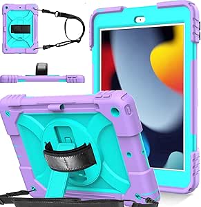 BMOUO iPad 9th/8th/7th Generation Case, iPad 10.2 Case, Shockproof 360 Rotating Stand Shoulder Hand Strap iPad 9th/8th/7th Gen Case with Pencil Holder for iPad 10.2 inch 2021/2020/2019 - Purple Teal