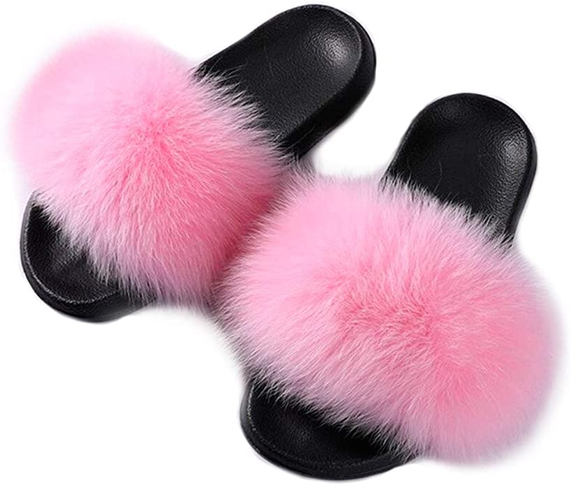 Valpeak Real Fur Slides Slippers for Women Open Toe Flussy Slippers Girls Fox Fur Sandals Furry Outdoor House