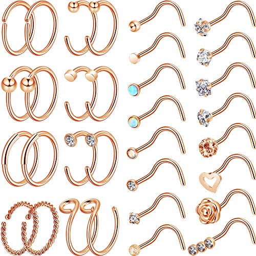 Chinco 32 Pieces C-Shaped Nose Ring L-Shaped Hoop Tragus Nose Studs Bone Curved Hoop Tragus Cartilage Hoop Piercing