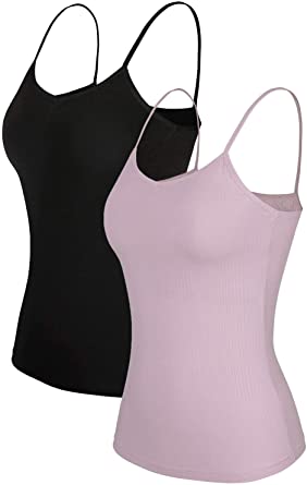 V FOR CITY Women's Cotton Camisole with Shelf Bra Adjustable Spaghetti Strap Tank Top 2 Pack