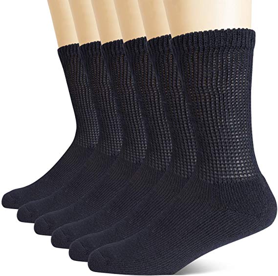 MD Non-Binding Diabetic Socks for Men Women-6 Pairs Medical Circulatory Crew Socks with Cushion Sole Black 13-15