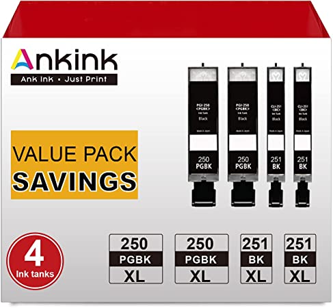 Ankink Compatible Canon PGI 250XL CLI 251XL Ink Cartridge use with PIXMA MX922 MX920 IP7220 MG5520 MG5420 IX6820 IP8720 MG7520 MG7120 MG6320 Printer 250 251 XL Black Combo Pack(2 PGBK,2 Black)