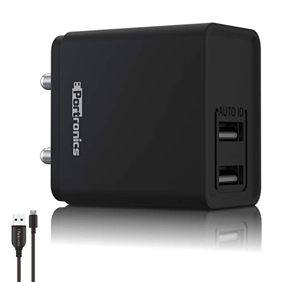 Portronics Adapto 649 POR-649, 2.4A Quick Charging Dual USB Port Wall Adapter with 1M Micro-USB Charging Cable (Black)