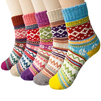 Pack of 5 Womens Winter Soft Warm Thick Knit Wool Vintage Casual Crew Socks