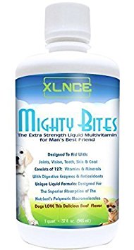 MightyBites Dog Vitamins: Complete Liquid Multivitamin with Digestive Enzymes, Glucosamine & MSM Promotes Superior Absorption for Healthy Joints, Teeth, Coat, & Skin. 32 oz (Up to 4 Month Supply)