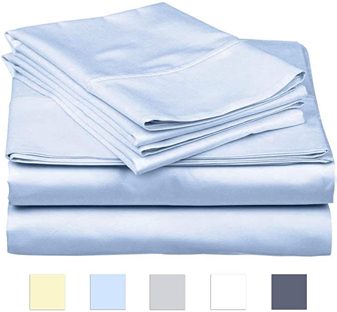 SanCozy Bed Sheets Set, 400 Thread Count, 4 Piece Set, Light Blue, California King, Sateen Weave, Long Staple Combed Cotton, Breathable, Fade Resistant, Deep Pocket Fits up to 18 inches