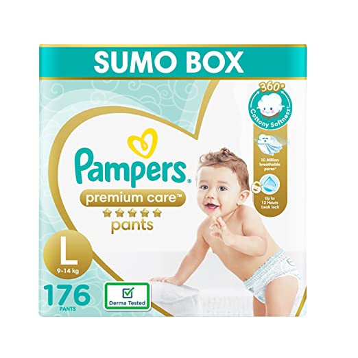 Pampers Premium Care Pants, Large size baby diapers (L), 176 Count, Softest ever Pampers pants