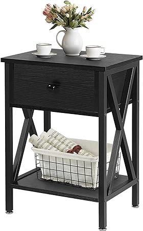 VECELO Modern X-Design Night Stand, Versatile End Storage Shelf Side Table, Black, Nightstand with Drawer, Retro Blk