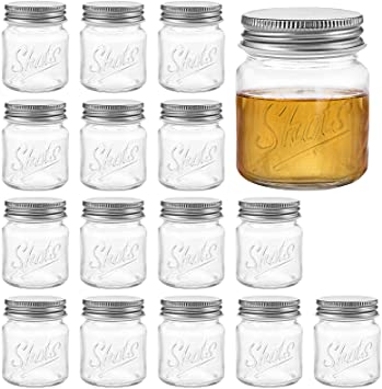 Lawei Set of 16 Mini Mason Jars with Lids - 2 Oz Mason Jars Shot Glasses Mason Shooter Glass for Drinks Shot Favors Desserts