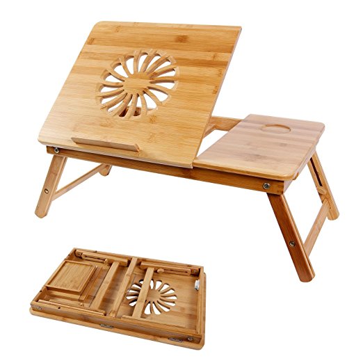 Lifewit Height & Angle Adjustable Lap Desk Bamboo Wood Lapdesk Breakfast Serving Bed Tray with Tilting Top Drawer