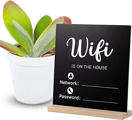 Wooden WiFi Sign Chalkboard Style WiFi Password Sign Board Freestanding Sign Centerpiece Decoration Wooden Framed Sign Hanging Board for Home or Business, 8.46 x 8.46 Inches (WiFi Style)