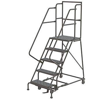 Tri-Arc KDSR105246-D2 5-Step 20" Deep Top Steel Rolling Industrial & Warehouse Ladder with Handrails, 24" Wide Perforated Tread