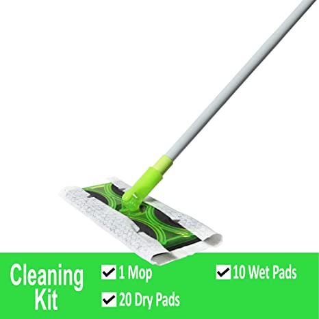 Guay Clean Flat Mop Sweeper Cleaning Kit with Adjustable Handle - Includes 10 Wet and 20 Dry Mop Pad Refills - Home and Office Floor Cleaning - Green