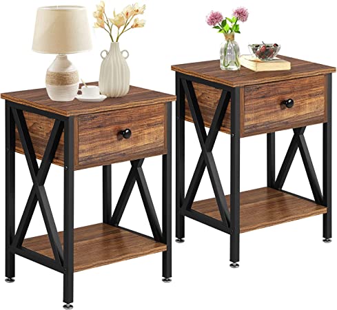 VECELO Versatile Nightstand, Bedside End Tables with Drawer Storage, Industrial Style Night Stand for Bedroom Living Room Office, 2 PCS, Retro BRN