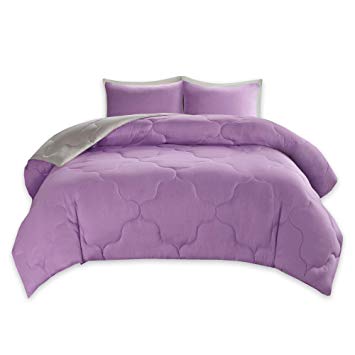 Comfort Spaces – Vixie Reversible Goose Down Alternative Comforter Mini Set - 2 Piece – Purple and Gray – Stitched Geometrical Diamond Pattern – Twin/Twin XL Size, Includes 1 Comforter, 1 Sham