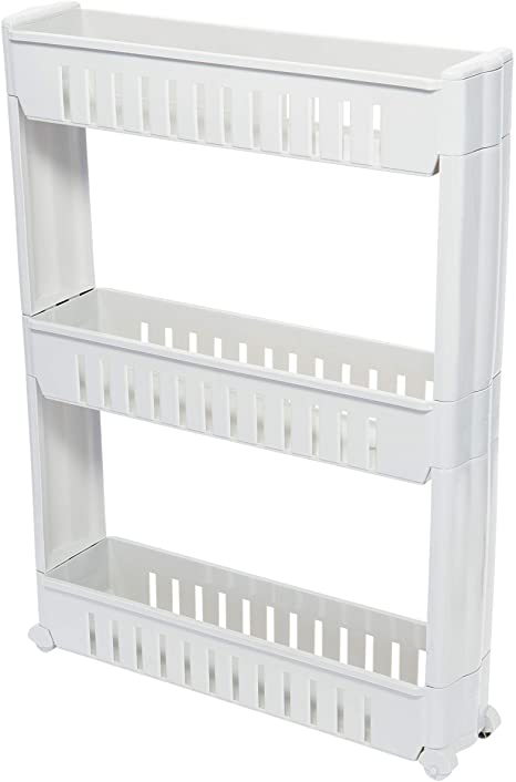 Simplify 22983-WHITE 3 Tier Slim Slide Out Storage Cart in White, Shelf Tower, Fits, Cabinets. for Small Space Living, Laundry Rooms, Kitchens, Offices