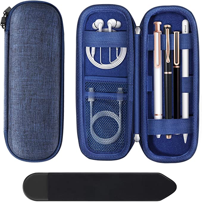 MoKo Holder Case for Apple Pencil (1st and 2nd Generation), Portable EVA Hard Shell Carrying Case Compatible with Apple Pen Accessories, USB Cable, Earphone, Samsung Stylus, Blue Black