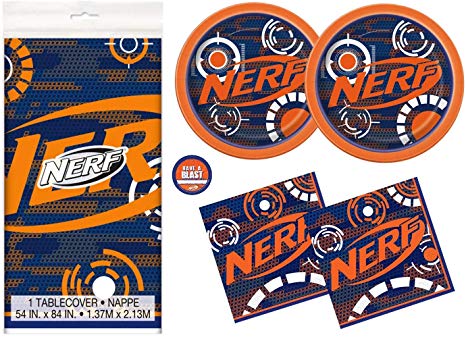 Nerf Theme Party Supplies Pack - Serves 16 - Tablecover, Plates, Napkins and Sticker