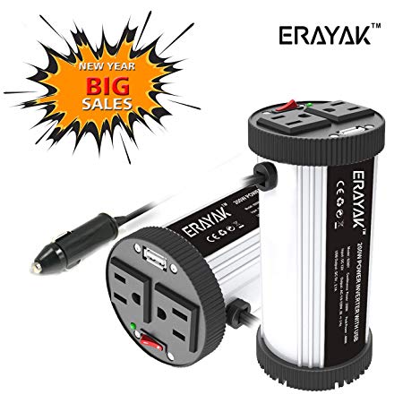 ERAYAK 200W Power Inverter 12V DC POWER TO 110V AC POWER with 2 AC outlets and 1 USB ports provide,Multi-purpose Cup Holder Car Converter
