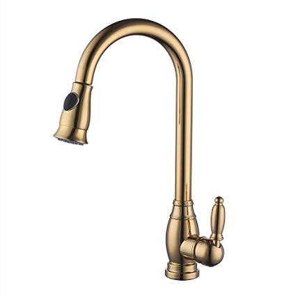 KES Brass Bar Sink Faucet with Pull Down Sprayer Head Modern Single Tall Large Commercial Pullout Kitchen Faucet Sprayer Pulldown High Arc Gooseneck Polished Gold Finish, L6933-4