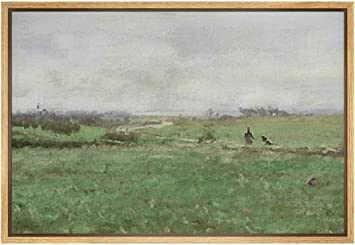 SIGNFORD Framed Canvas Wall Art Lush Green Fields with Farmers Landscape Wilderness Oil Painting Impressionism Traditional Scenic for Living Room, Bedroom, Office - 24x36 inches