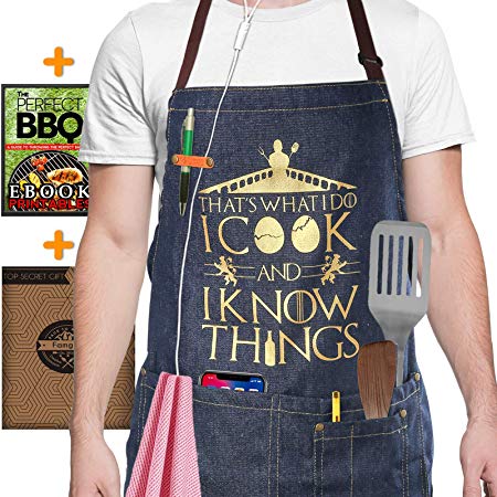 Kitchen Denim Aprons for Men - I Cook and I Know Things Women Funny for Grill, Cooking / 100% Cotton with 4 Pockets - Inspired by Game of Thrones