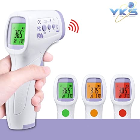 【Limited time Discount】YKS IR Infrared Digital Non-Contact Thermometer Gun with Three Color LCD Screen for Adult and Baby Forehead, Ear and Body Temperature with Fever Alarm and Memory Function