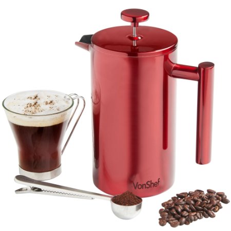 VonShef Red Double Wall Keep Warm Satin Polished Stainless Steel French Press Cafetiere Coffee Filter includes Measuring Spoon with Bag Sealing Clip - 8 Cup