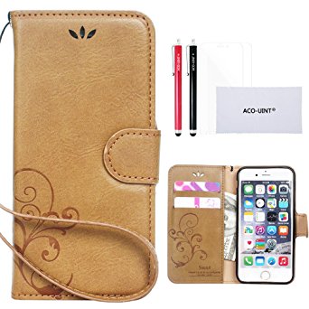 iPhone 6 Case, iPhone 6 Wallet Case, ACO-UINT Classic Vintage Embossed Flower Wallet Leather Card Pocket Cover Skin Case for iPhone 6 with Two Stylus Pens/2 Screen Protector/Microfiber Cleaning Cloth Included (Emboss Flower Case - Khaki)