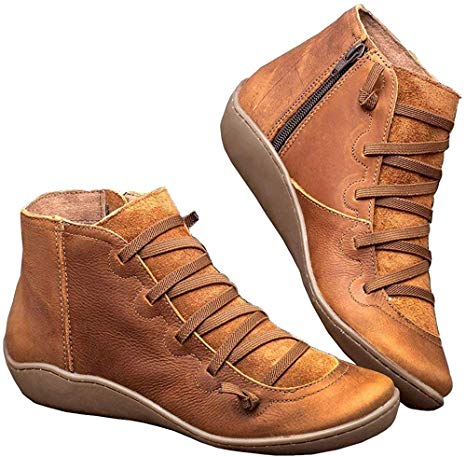 Women's Arch Support Boots Casual Lace up Ankle Booties Retro Female Round Toe Flat Heel Short Boot