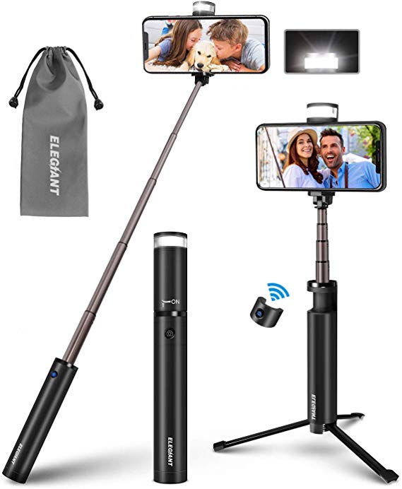 ELEGIANT Selfie Stick Tripod Bluetooth, 4 in 1 Fill Light Portable Extendable Selfie Stick with Bluetooth Remote Compatible with iPhone 11 11Pro Xs max XS XR X 8P 7P, Galaxy S10 9 8 Note, Hauwei