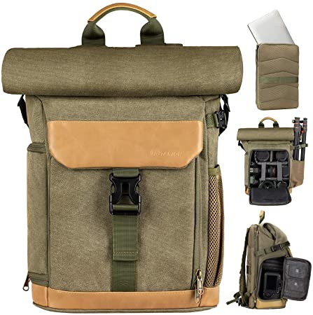 TARION Camera Backpack Canvas Camera Bag with Detachable Laptop Compartment Waterproof Rain Cover Photography Backpack for DSLR SLR Mirrorless Cameras Video Camcorder Green