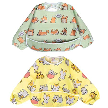 Long Sleeved Bib Waterproof Bibs for Babies and Toddlers with Pocket (6-24 Months) - Pack of 2 by Little Dimsum