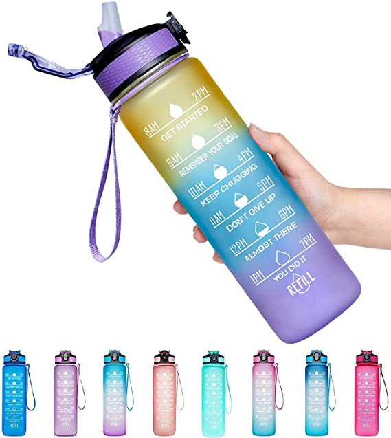 Giotto 32oz/22oz Leakproof BPA Free Drinking Water Bottle with Time Marker & Straw to Ensure You Drink Enough Water Throughout The Day for Fitness and Outdoor Enthusiasts
